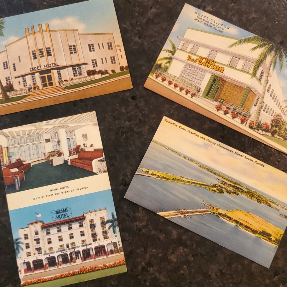 Vintage 1940s Miami post cards on linen paper set of 4